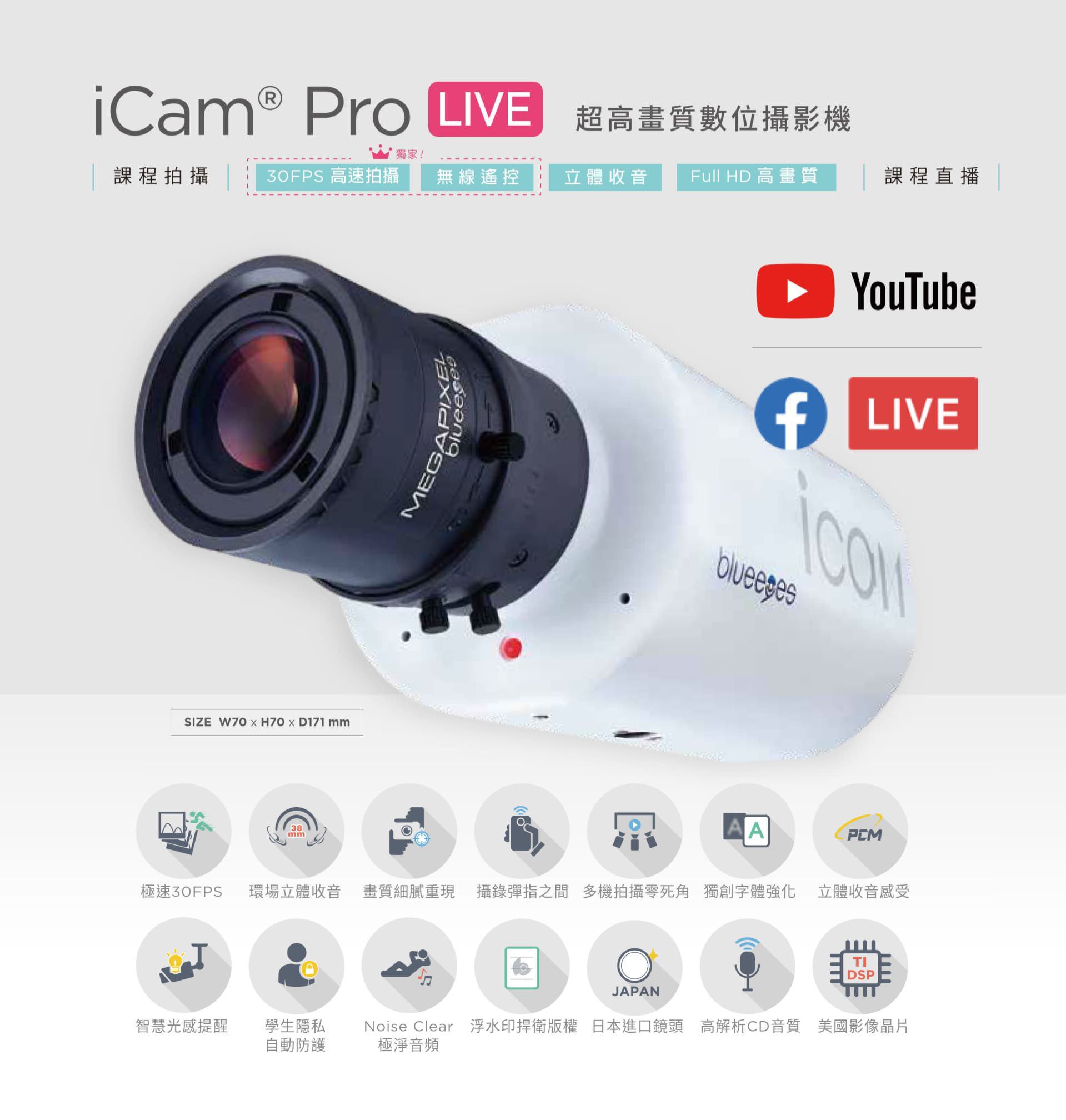 iCam Pro LIVE 超高画质数位摄影机支持 Full HD 高画质与 30FPS 高速拍摄，搭载日本进口镜头与美国影象芯片，具备环场立体收音、智能曝光控制、学生隐私屏蔽、Noise Clear 噪音抑制与多机无死角拍摄，支持 YouTube 与 Facebook 课程直播，适合教学录影、专业直播与多角度拍摄应用，是提升画质与音质的高性能课程摄影解决方案。